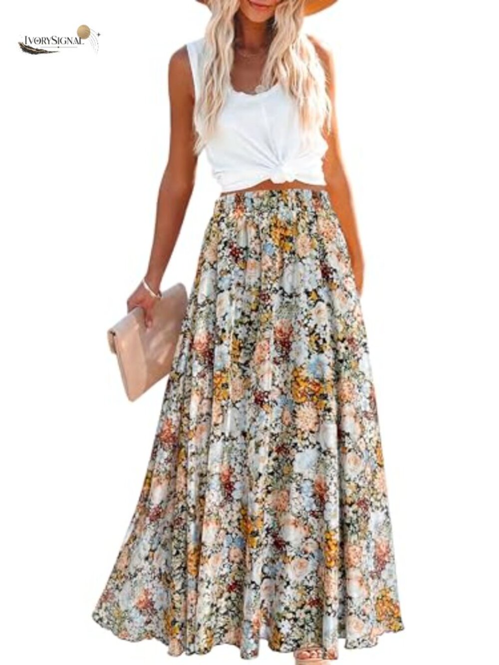 Chiffon Floral A-Line Maxi Skirt, High Waisted Elastic, Floor Length Beach Skirt